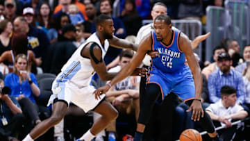 Apr 5, 2016; Denver, CO, USA; Denver Nuggets guard JaKarr Sampson (9) defends against Oklahoma City Thunder forward Kevin Durant (35) in the first quarter at the Pepsi Center. Mandatory Credit: Isaiah J. Downing-USA TODAY Sports