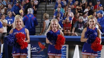 Nov 23, 2015; Lahaina, HI, USA; Kansas Jayhawk cheerleaders perform a cheer during a game against the Chaminade Silverswords at the Lahaina Civic Center during the Maui Jim Maui Invitational at the Lahaina Civic Center. Mandatory Credit: Brian Spurlock-USA TODAY Sports