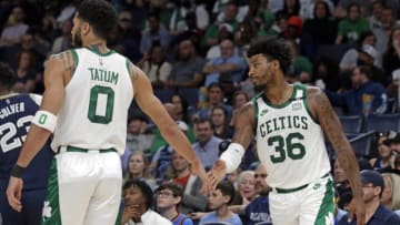 Boston Celtics guard Marcus Smart (36) reacts with forward Jayson Tatum (0) Mandatory Credit: Petre Thomas-USA TODAY Sports