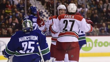 Oct 16, 2016; Vancouver, British Columbia, CAN; Carolina Hurricanes defenseman Justin Faulk (27) scores against Vancouver Canucks goaltender Jacob Markstrom (25) during the second period at Rogers Arena. Mandatory Credit: Anne-Marie Sorvin-USA TODAY Sports