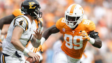 KNOXVILLE, TN - SEPTEMBER 08: Jonathan Kongbo #99 of the Tennessee Volunteers pressures Logan Marchi #4 of the East Tennessee State University Buccaneers during a game at Neyland Stadium on September 8, 2018 in Knoxville, Tennessee. Tennesee won the game 59-3. (Photo by Donald Page/Getty Images)