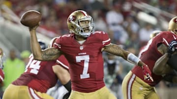 Oct 22, 2015; Santa Clara, CA, USA; San Francisco 49ers quarterback Colin Kaepernick (7) passes the ball against the Seattle Seahawks during the fourth quarter at Levi