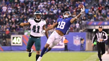 EAST RUTHERFORD, NJ - DECEMBER 17: Roger Lewis #18 of the New York Giants misses a catch against Ronald Darby #41 of the Philadelphia Eagles during the fourth quarter in the game at MetLife Stadium on December 17, 2017 in East Rutherford, New Jersey. (Photo by Abbie Parr/Getty Images)