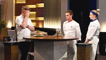 HELL'S KITCHEN: L-R: Chef/host Gordon Ramsay with contestants Samuel and Emily in the “Stirring the Pot” episode airing Monday, June 28 (8:00-9:00 PM ET/PT) on FOX. CR: Scott Kirkland / FOX. © 2021 FOX MEDIA LLC.