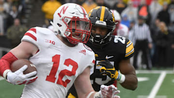IOWA CITY, IA - NOVEMBER 23: Nebraska Cornhuskers tight end Katerian Legrone (12) carries the ball during a Big Ten Conference football game between the Nebraska Cornhuskers and the Iowa Hawkeyes on November 23, 2018, at Kinnick Stadium, Iowa City, IA. (Photo by Keith Gillett/Icon Sportswire via Getty Images)