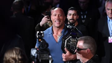 NEW YORK, NEW YORK - NOVEMBER 02: Dwayne 'The Rock' Johnson presents the BMF Belt during the UFC 244 event at Madison Square Garden on November 02, 2019 in New York City. (Photo by Josh Hedges/Zuffa LLC via Getty Images)