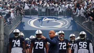 STATE COLLEGE, PA - OCTOBER 01: Head coach James Franklin of the Penn State Nittany Lions leads the team onto the field before the game against the Northwestern Wildcats at Beaver Stadium on October 1, 2022 in State College, Pennsylvania. (Photo by Scott Taetsch/Getty Images)