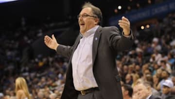 Apr 1, 2015; Charlotte, NC, USA; Detroit Pistons head coach Stan Van Gundy during the second half of the game against the Charlotte Hornets at Time Warner Cable Arena. Hornets won 102-78. Mandatory Credit: Sam Sharpe-USA TODAY Sports