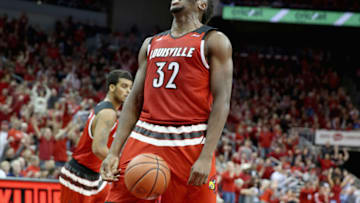 LOUISVILLE, KY - MARCH 01: Chinanu Onuaku #32 of the Louisville Cardinals celebrates (Photo by Andy Lyons/Getty Images)
