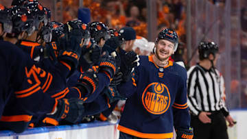 EDMONTON, AB - MAY 24: Zach Hyman #18 of the Edmonton Oilers celebrates a goal against the Calgary Flames during the first period in Game Four of the Second Round of the 2022 Stanley Cup Playoffs at Rogers Place on May 24, 2022 in Edmonton, Canada. (Photo by Codie McLachlan/Getty Images)