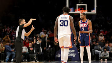Nov 30, 2021; Brooklyn, New York, USA; referee Mark Lindsay (29) calls a technical foul against New York Knicks forward Julius Randle (30) in front of Brooklyn Nets forward Kevin Durant (7) during the fourth quarter at Barclays Center. Mandatory Credit: Brad Penner-USA TODAY Sports
