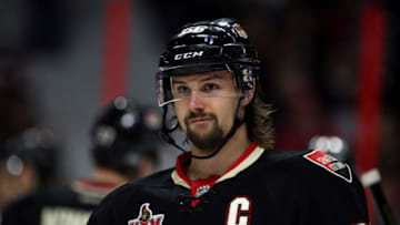 OTTAWA, ON - FEBRUARY 09: Ottawa Senators Defenceman Erik Karlsson (65) after a stop in the action during a game between the Dallas Stars and Ottawa Senators on February 09, 2017, at Canadian Tire Centre in Ottawa, On. (Photo by Jason Kopinski/Icon Sportswire via Getty Images)