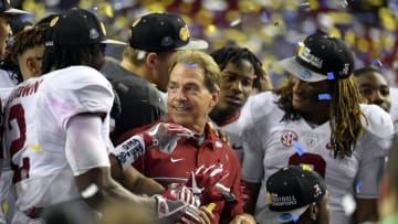 Dec 3, 2016; Atlanta, GA, USA; Alabama Crimson Tide head coach Nick Saban celebrates with his team after the SEC Championship college football game against the Florida Gators at Georgia Dome. Alabama Crimson Tide won 54-16. Mandatory Credit: Dale Zanine-USA TODAY Sports