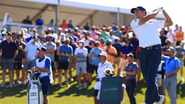 PONTE VEDRA BEACH, FLORIDA - MARCH 11: Sergio Garcia of Spain plays his shot from the 18th tee during the first round of THE PLAYERS Championship on THE PLAYERS Stadium Course at TPC Sawgrass on March 11, 2021 in Ponte Vedra Beach, Florida. (Photo by Mike Ehrmann/Getty Images)