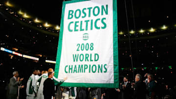 BOSTON, MA - OCTOBER 28: The Boston Celtics raise 2008 World Championship banner during the 2008 NBA World Championship ceremony before a game against the Cleveland Cavaliers at the TD Banknorth Garden on October 28, 2008 in Boston, Massachusetts. NOTE TO USER: User expressly acknowledges and agrees that, by downloading and/or using this Photograph, user is consenting to the terms and conditions of the Getty Images License Agreement. (Photo by Jim Rogash/Getty Images)