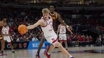 Nebraska basketball guard Sam Griesel (5) drives to the basket (David Banks-USA TODAY Sports)
