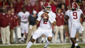 Oct 8, 2016; Fayetteville, AR, USA; Alabama Crimson Tide quarterback Jalen Hurts (2) looks for a receiver during the second quarter against the Arkansas Razorbacks at Donald W. Reynolds Razorback Stadium. Mandatory Credit: Brett Rojo-USA TODAY Sports