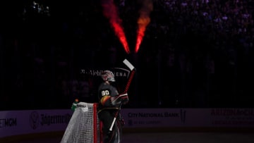 LAS VEGAS, NEVADA - FEBRUARY 28: Robin Lehner #90 of the Vegas Golden Knights is introduced before playing his first game for the Golden Knights against the Buffalo Sabres at T-Mobile Arena on February 28, 2020 in Las Vegas, Nevada. The Golden Knights defeated the Sabres 4-2. (Photo by Ethan Miller/Getty Images)