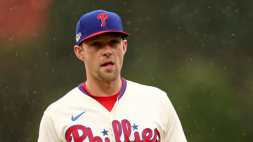 PHILADELPHIA, PENNSYLVANIA - OCTOBER 23: Rhys Hoskins #17 of the Philadelphia Phillies participates in warmups prior to game five of the National League Championship Series against the San Diego Padres at Citizens Bank Park on October 23, 2022 in Philadelphia, Pennsylvania. (Photo by Mike Ehrmann/Getty Images)