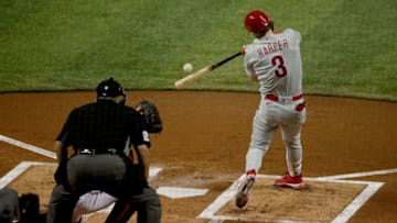 MIAMI, FLORIDA - SEPTEMBER 11: Bryce Harper #3 of the Philadelphia Phillies bats in the first inning against the Miami Marlins at Marlins Park on September 11, 2020 in Miami, Florida. (Photo by Mark Brown/Getty Images)