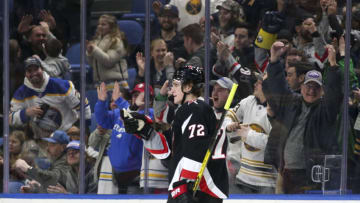 BUFFALO, NEW YORK - DECEMBER 13: Tage Thompson #72 of the Buffalo Sabres celebrates scoring a goal during the third period of an NHL hockey game against the Los Angeles Kings at KeyBank Center on December 13, 2022 in Buffalo, New York. (Photo by Joshua Bessex/Getty Images)