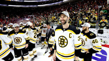 RALEIGH, NC - MAY 16: Zdeno Chara #33 of the Boston Bruins celebrates following a victory over the Carolina Hurricanes in Game Four of the Eastern Conference Third Round during the 2019 NHL Stanley Cup Playoffs on May 16, 2019 at PNC Arena in Raleigh, North Carolina. (Photo by Gregg Forwerck/NHLI via Getty Images)