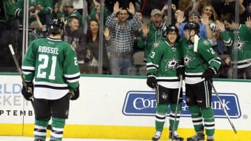 Mar 19, 2016; Dallas, TX, USA; Dallas Stars right wing Ales Hemsky (83) celebrates scoring an empty net goal with center Radek Faksa (12) in the third period against the New York Islanders at American Airlines Center. Dallas won 3-0. Mandatory Credit: Tim Heitman-USA TODAY Sports