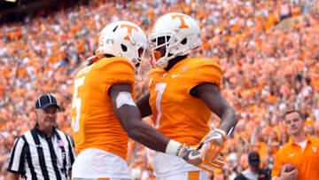 Sep 9, 2017; Knoxville, TN, USA; Tennessee Volunteers wide receiver Brandon Johnson (7) celebrates a touchdown with teammate Josh Palmer (5) in the second quarter at Neyland Stadium. Mandatory Credit: Crystal LoGiudice-USA TODAY Sports