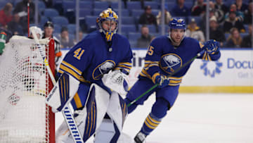 Feb 17, 2022; Buffalo, New York, USA; Buffalo Sabres goaltender Craig Anderson (41) watches for the puck during the first period against the Ottawa Senators at KeyBank Center. Mandatory Credit: Timothy T. Ludwig-USA TODAY Sports