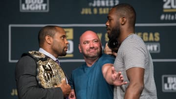 LAS VEGAS, NV - JULY 06: (L-R) UFC lightweight champion Daniel Cormier and Jon Jones face off during the UFC 200: Press Conference in KA Theater at MGM Grand Hotel