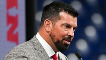 Jul 26, 2023; Indianapolis, IN, USA; Ohio State Buckeyes head coach Ryan Day speaks to the media during the Big 10 football media day at Lucas Oil Stadium. Mandatory Credit: Robert Goddin-USA TODAY Sports