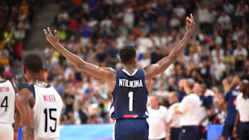 DONGGUAN, CHINA - SEPTEMBER 11: Frank Ntilikina #1 of Team France celebrates against the USA Basketball Men's National Team during the 2019 FIBA World Cup Quarter-Finals at the Dongguan Basketball Center on September 11, 2019 in Dongguan, China. NOTE TO USER: User expressly acknowledges and agrees that, by downloading and/or using this Photograph, user is consenting to the terms and conditions of the Getty Images License Agreement. Mandatory Copyright Notice: Copyright 2019 NBAE (Photo by David Dow/NBAE via Getty Images)