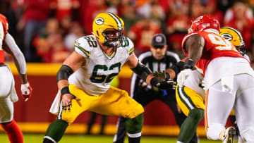 Nov 7, 2021; Kansas City, Missouri, USA; Green Bay Packers guard Lucas Patrick (62) gets ready to block against Kansas City Chiefs defensive end Tershawn Wharton (98) during the second half at GEHA Field at Arrowhead Stadium. Mandatory Credit: Jay Biggerstaff-USA TODAY Sports