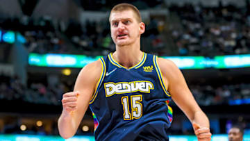 Denver Nuggets center Nikola Jokic (15) reacts after scoring during the second half against the Dallas Mavericks at American Airlines Center on 15 Nov. 2021. (Kevin Jairaj-USA TODAY Sports)