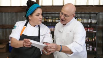 TOP CHEF -- "Blind Ambitions" Episode 1811 -- Pictured: (l-r) Maria Mazon, Tom Colicchio -- (Photo by: David Moir/Bravo)
