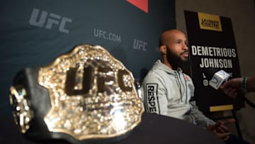 LAS VEGAS, NV - DECEMBER 01: UFC flyweight champion Demetrious Johnson speaks to the media during the TUF Finale Ultimate Media Day in the Palms Resort