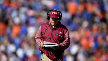 GAINESVILLE, FL - NOVEMBER 25: Head coach Jimbo Fisher of the Florida State Seminoles looks on during the game against the Florida Gators at Ben Hill Griffin Stadium on November 25, 2017 in Gainesville, Florida. (Photo by Rob Foldy/Getty Images)