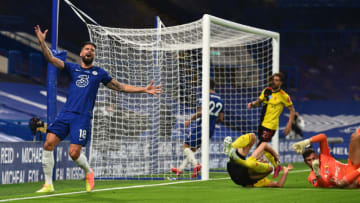 LONDON, ENGLAND - JULY 04: Olivier Giroud of Chelsea reacts to missing a chance during the Premier League match between Chelsea FC and Watford FC at Stamford Bridge on July 04, 2020 in London, England. Football Stadiums around Europe remain empty due to the Coronavirus Pandemic as Government social distancing laws prohibit fans inside venues resulting in all fixtures being played behind closed doors. (Photo by Glyn Kirk/Pool via Getty Images)