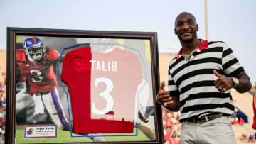 Kansas football alum Aqib Talib is inducted into the Kansas Jayhawks hall of fame. (Photo by Brian Davidson/Getty Images)