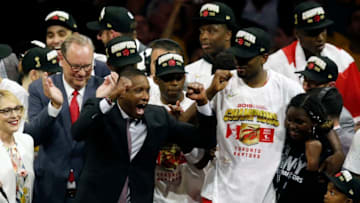 OAKLAND, CALIFORNIA - JUNE 13: General Manager of the Toronto Raptors Masai Ujiri celebrates his teams victory over the Golden State Warriors to win Game Six of the 2019 NBA Finals at ORACLE Arena on June 13, 2019 in Oakland, California. NOTE TO USER: User expressly acknowledges and agrees that, by downloading and or using this photograph, User is consenting to the terms and conditions of the Getty Images License Agreement. (Photo by Lachlan Cunningham/Getty Images)