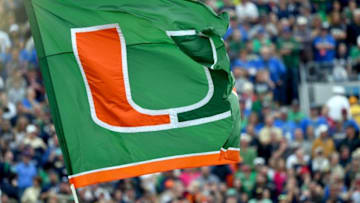 Oct 29, 2016; South Bend, IN, USA; The Miami Hurricanes flag flies during the first quarter of the game against the Notre Dame Fighting Irish at Notre Dame Stadium. Notre Dame won 30-27. Mandatory Credit: Matt Cashore-USA TODAY Sports