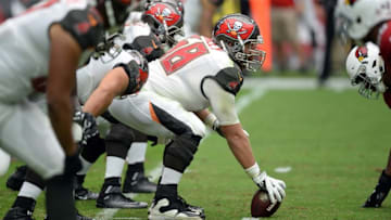 Sep 18, 2016; Glendale, AZ, USA; Tampa Bay Buccaneers center Joe Hawley (68) sets against against the Arizona Cardinals at University of Phoenix Stadium. The Cardinals won 40-7. Mandatory Credit: Joe Camporeale-USA TODAY Sports
