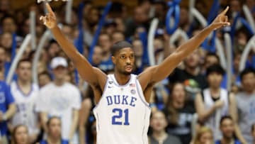 DURHAM, NC - FEBRUARY 28: Amile Jefferson #21 of the Duke Blue Devils reacts after a play during their game against the Florida State Seminoles at Cameron Indoor Stadium on February 28, 2017 in Durham, North Carolina. (Photo by Streeter Lecka/Getty Images)