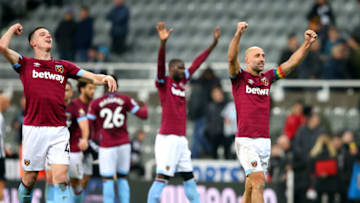 NEWCASTLE UPON TYNE, ENGLAND - DECEMBER 01: Declan Rice of West Ham United and Pablo Zabaleta of West Ham United celebrate victory following the Premier League match between Newcastle United and West Ham United at St. James Park on December 1, 2018 in Newcastle upon Tyne, United Kingdom. (Photo by Alex Livesey/Getty Images)
