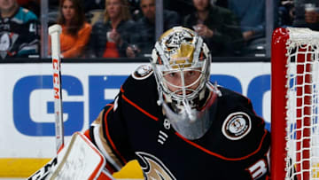 ANAHEIM, CA - NOVEMBER 5: John Gibson #36 of the Anaheim Ducks holds the crease during the game against the Minnesota Wild at Honda Center on November 5, 2019 in Anaheim, California. (Photo by Debora Robinson/NHLI via Getty Images)