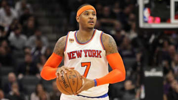 Dec 9, 2016; Sacramento, CA, USA; New York Knicks forward Carmelo Anthony (7) looks to pass against the Sacramento Kings during the second quarter at Golden 1 Center. Mandatory Credit: Sergio Estrada-USA TODAY Sports
