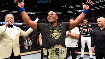 LAS VEGAS, NV - JULY 07: Daniel Cormier celebrates his victory over Stipe Miocic in their UFC heavyweight championship fight during the UFC 226 event inside T-Mobile Arena on July 7, 2018 in Las Vegas, Nevada. (Photo by Josh Hedges/Zuffa LLC/Zuffa LLC via Getty Images)