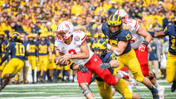 ANN ARBOR, MI - SEPTEMBER 22: Nebraska Cornhuskers quarterback Adrian Martinez (2) is flushed from the pocket by Michigan Wolverines linebacker Jordan Glasgow (29) during the Michigan Wolverines versus Nebraska Cornhuskers game on Saturday September 22, 2018 at Michigan Stadium in Ann Arbor, MI. (Photo by Steven King/Icon Sportswire via Getty Images)