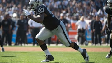 September 20, 2015; Oakland, CA, USA; Oakland Raiders defensive end Mario Jr. Edwards (97) during the fourth quarter against the Baltimore Ravens at O.co Coliseum. The Raiders defeated the Ravens 37-33. Mandatory Credit: Kyle Terada-USA TODAY Sports