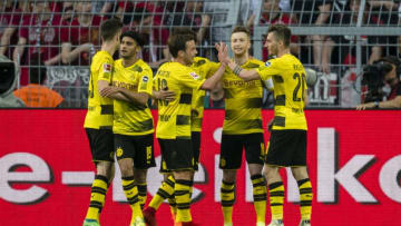 DORTMUND, GERMANY - APRIL 21: Marco Reus cheers after scoring his team's 4th goal during the Bundesliga match between Borussia Dortmund and Bayer 04 Leverkusen at Signal Iduna Park on April 21, 2018 in Dortmund, Germany. (Photo by Alexandre Simoes/Borussia Dortmund/Getty Images)